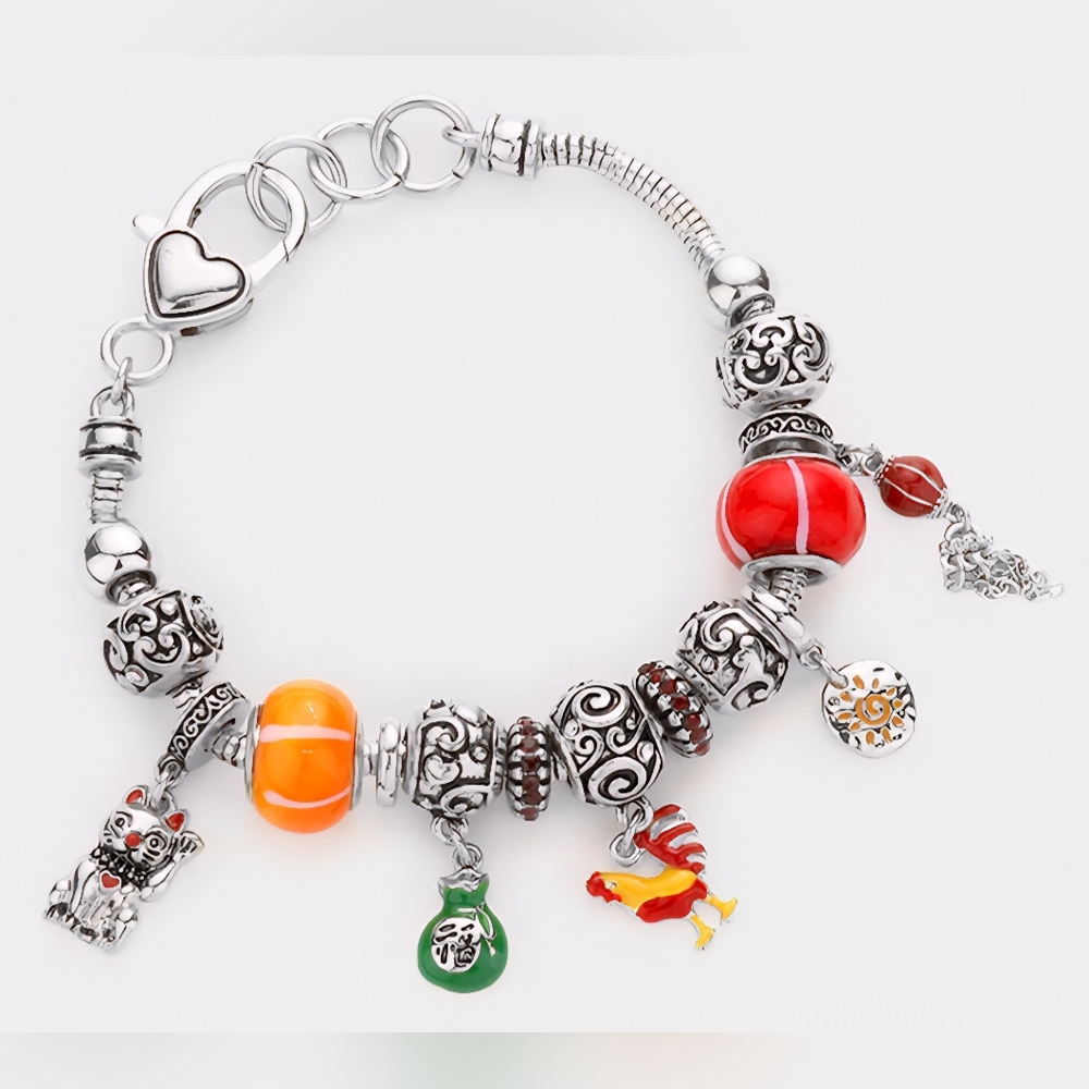 Silver Tone Cat Lucky Bag Rooster Sun Chain Charm Multi Bead Bracelet